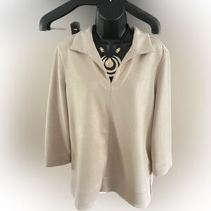 Joan Vass New York Beige Cream Suede Top Shirt Blouse in XL